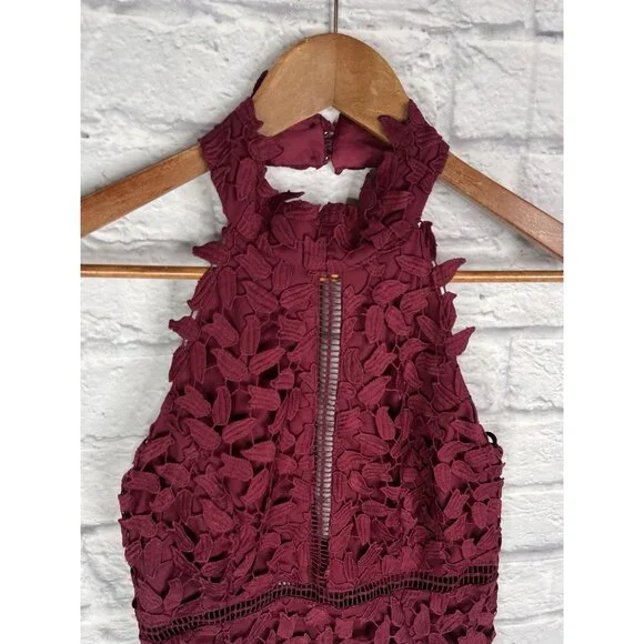 BARDOT Women's Wine Lace Halter Neck Bodycon Gemma Midi Dress US 6 - Picture 2 of 7